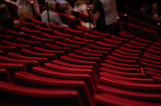 The backs of red upholstered chairs in a performing arts theater.