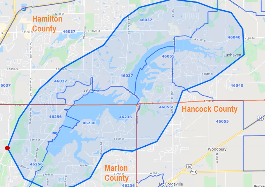 Geist Area Of Indy & Fishers Zip Code Map zones