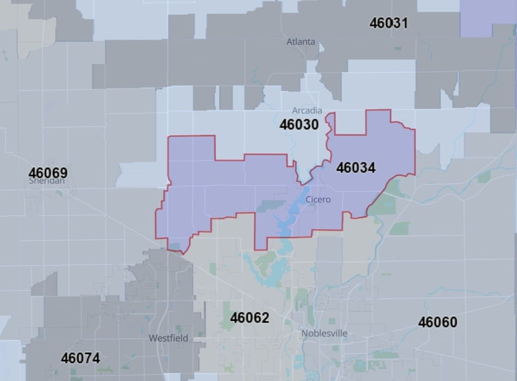 Zip Code Map zones46034