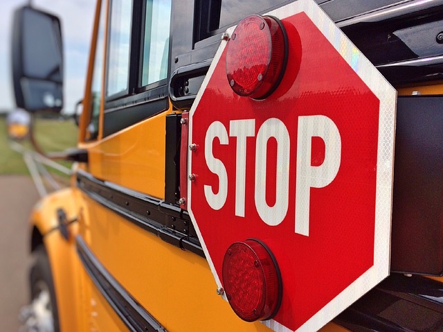 the stop sign on the side of a school bus