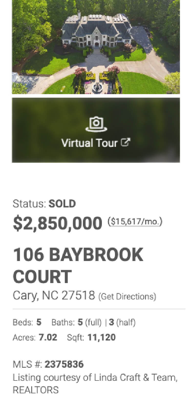 Aerial view of large home | 106 Baybrook Ct | Status: Sold | $2,850,000