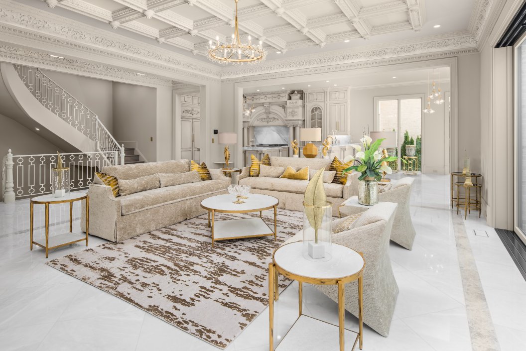 living room is large and open, with kitchen behind