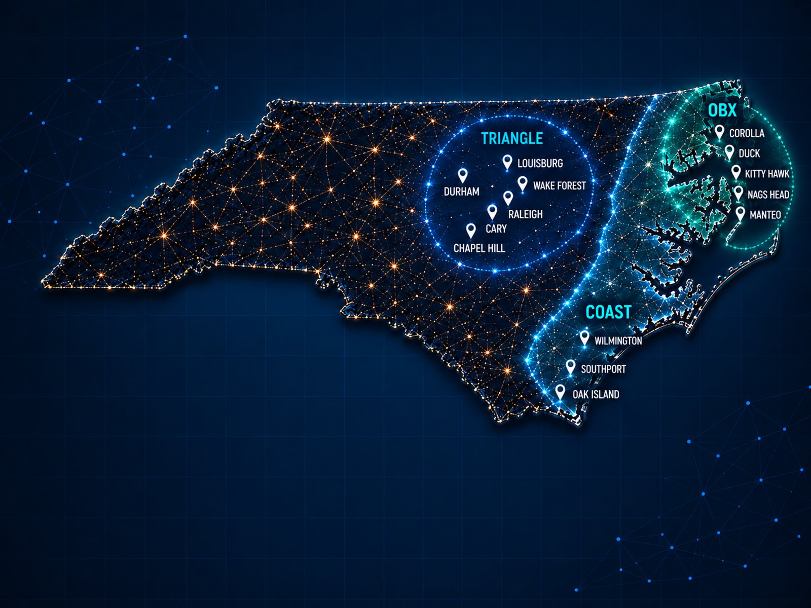 Map of Eaves Realty markets across the Triangle, the North Carolina coast, and the Outer Banks