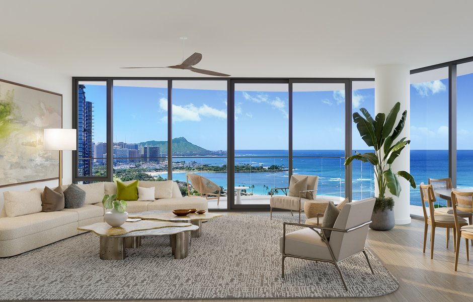 A sun-drenched living room with mountain views