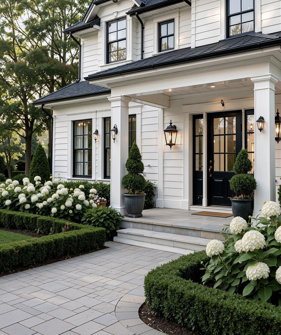 Brick home entrance at dusk with warm lighting