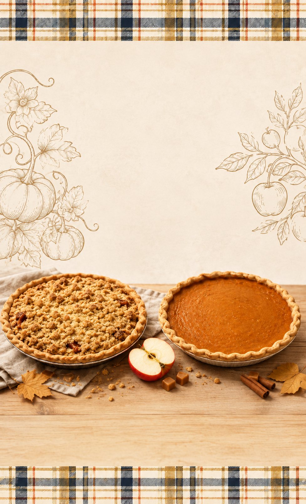 Apple crumb pie and pumpkin pie on a wooden table with cinnamon sticks, caramels and autumn leaves