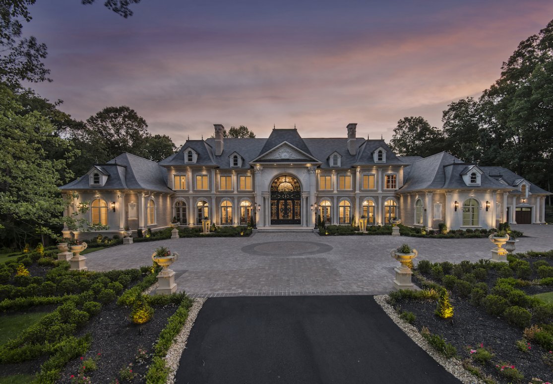 Elegant marble ceiling and chandelier