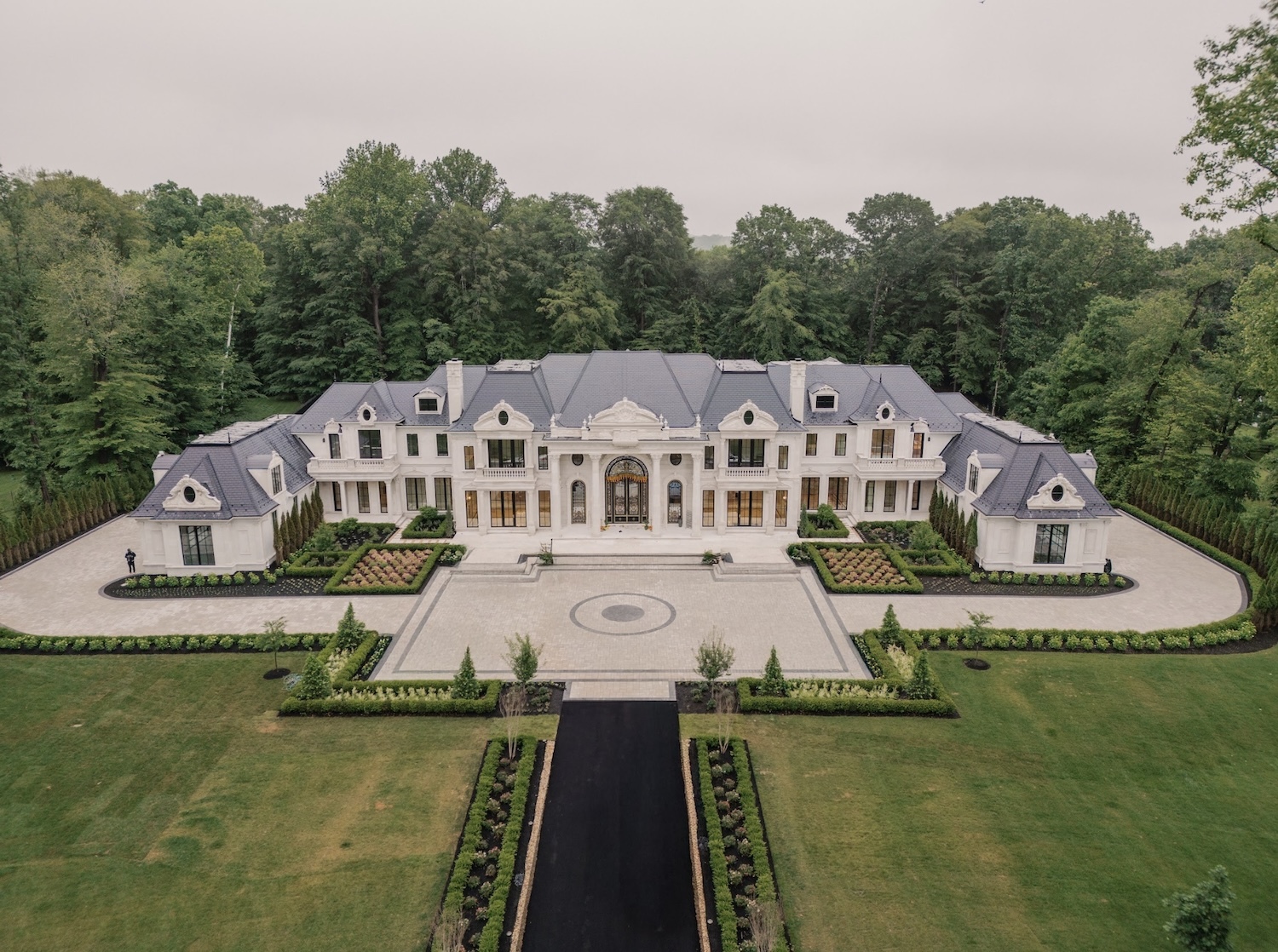 Aerial shot of a custom-built luxury mansion