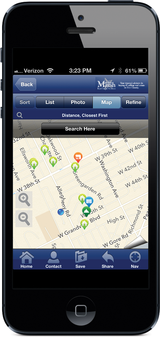 "Search Erie Homes" app map feature on iPhone