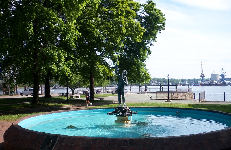 Fountain in Prescott Park near the harbor and downtown.