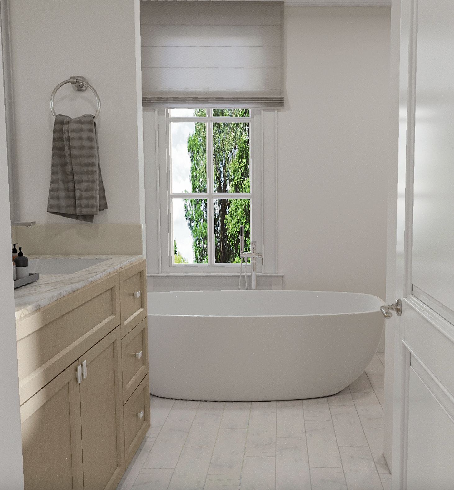 Spa-inspired primary bath at Oberlin Preserve