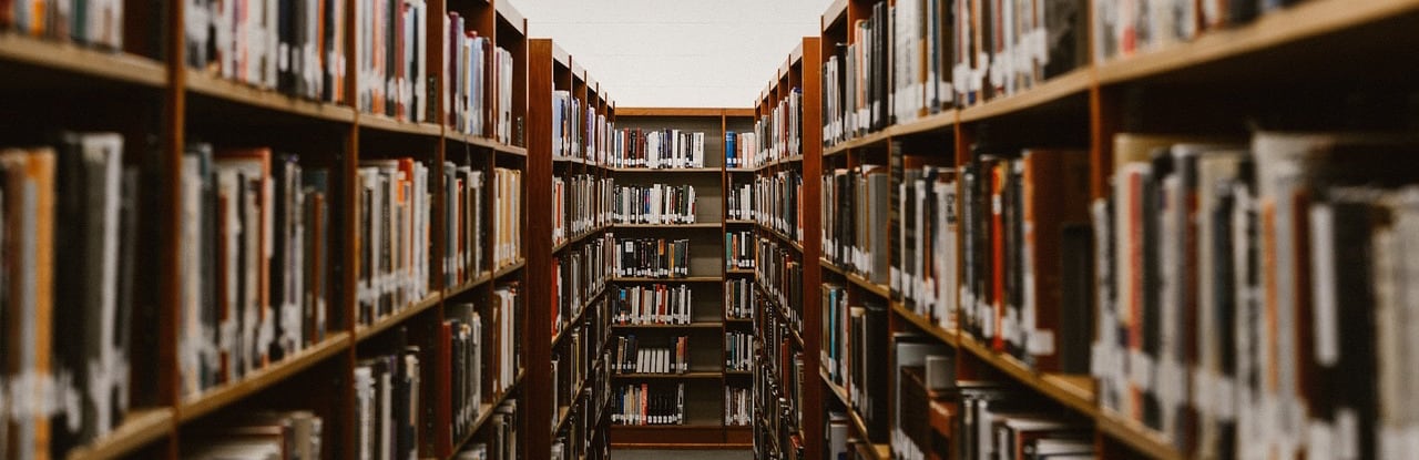 Two large bookshelves filled with library books lining both sides of a narrow aisle.