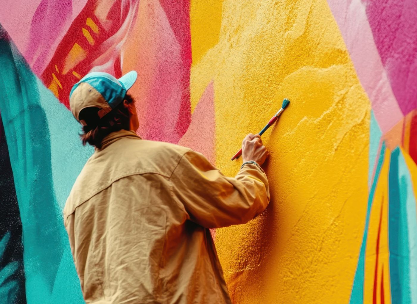 Artist painting a colorful large-scale mural on an outdoor wall