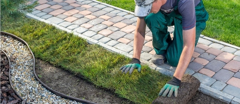 A man unrolling grass